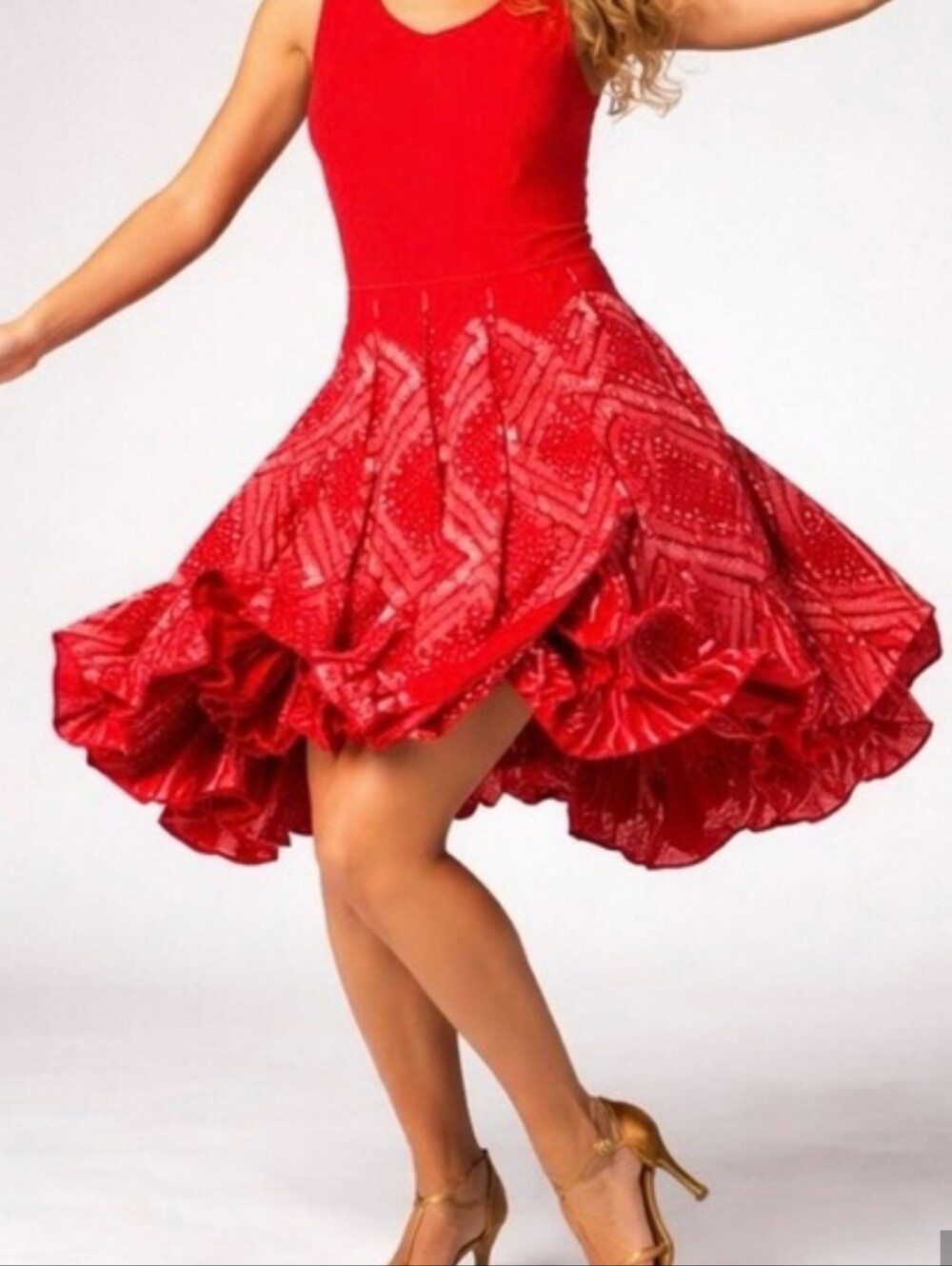 Vasna Red Flared Dance Skirt with Patterned Panels